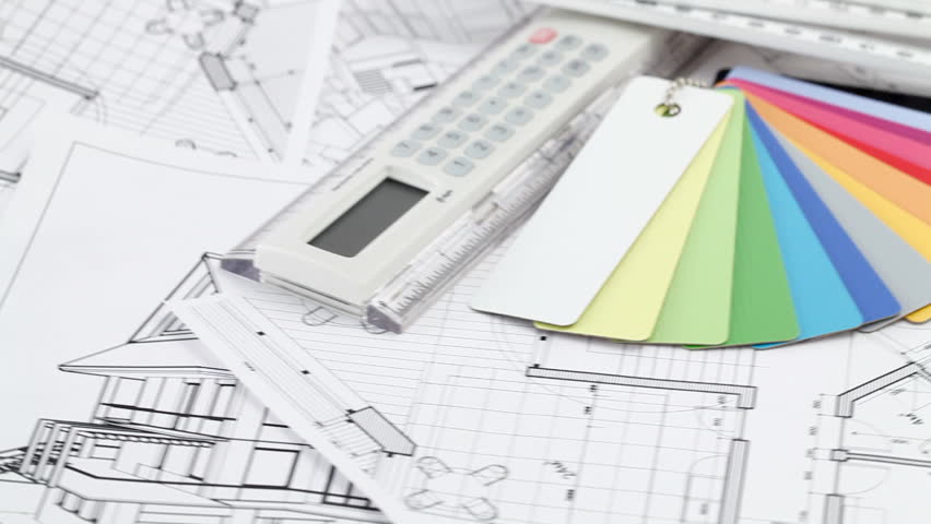 color samples of architectural materials - plastics,  metric folding ruler and architectural drawings of the modern house