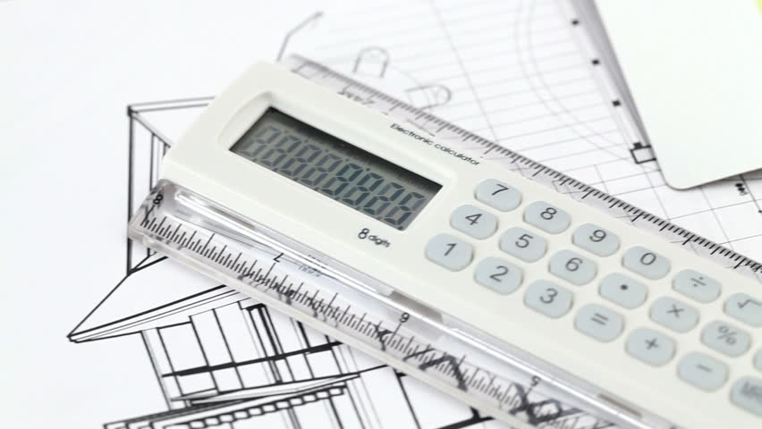 Ruler calculator, metric folding ruler and architectural drawings of the modern house & materials
