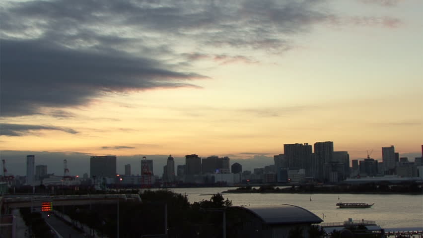 Sunset at Odaiba Bay, Tokyo. Seen from Odaibakaihin Park.
