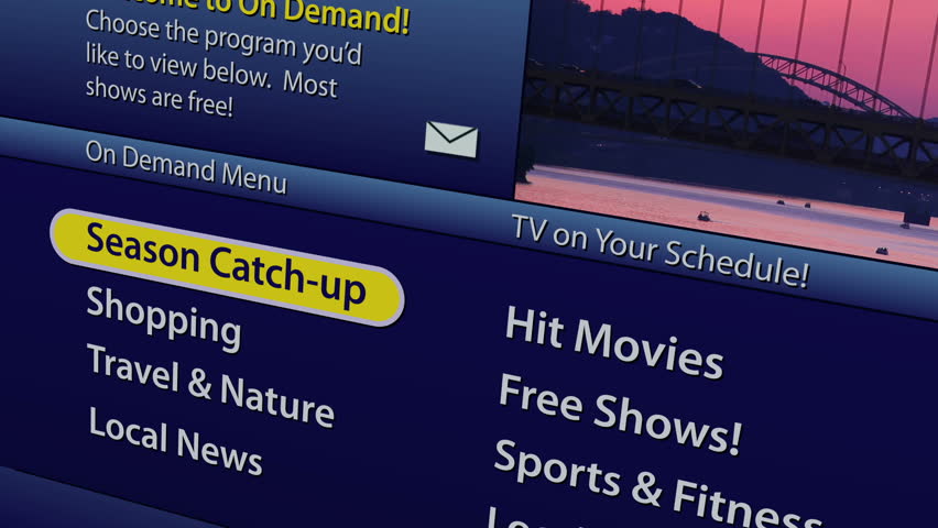 Simulation of an on-screen interactive television on demand guide menu from a cable or satellite company.  Categories are fictional, and preview content are clips from my portfolio.
