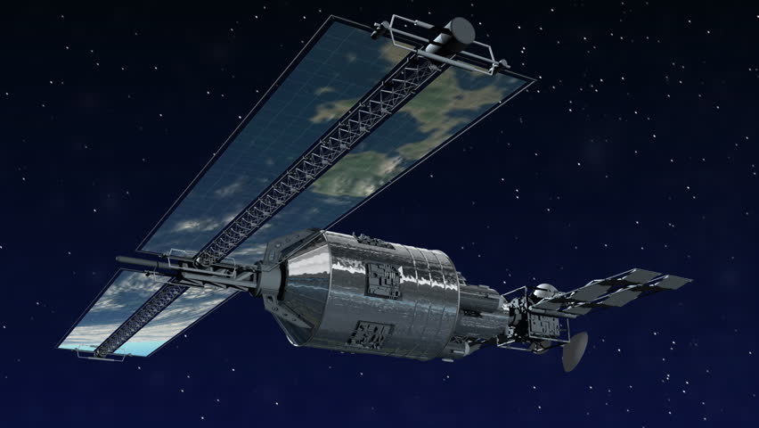 Telecommunication Satellite flying over with solar panels reflecting Earth in mirror