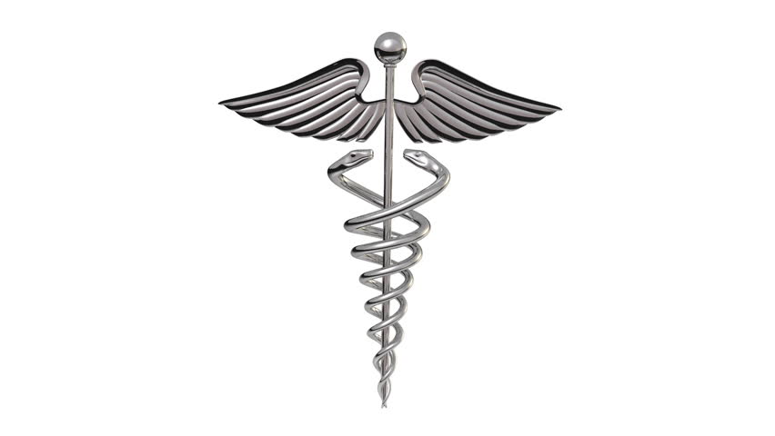(Stock Video 1080 HD.) 16 secs and has a seamless loop if set to repeat. It's a Chrome caduceus Rotating over a white background.
