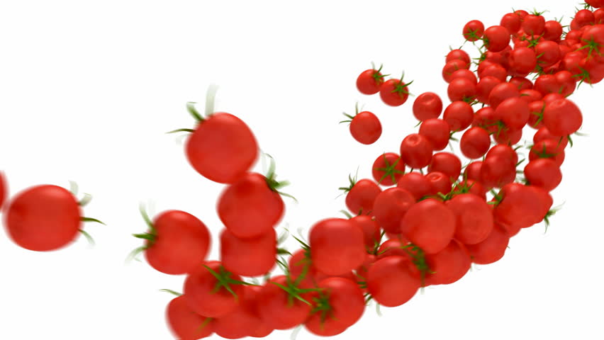 Tomatoes Cherry flow with slow motion over white