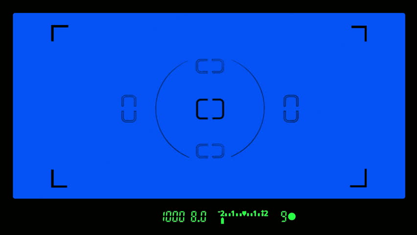 Looking through a digital SLR camera viewfinder, widescreen HD. Contains a mock viewfinder display with focus confirmation, aperture, shutter speed and exposure. Must use chromakey software.