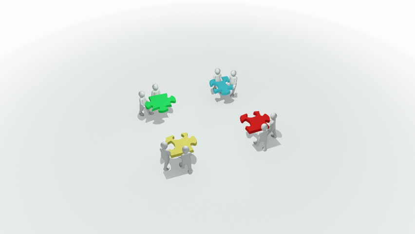 Animation representing a group of 3d men doing a clourful puzzle