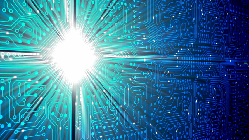 Data processing, CPU, Circuit board. Electrical particles flowing continuously to the main processor on a circuit board. Shiny effect with rays. CG 3D-Animation in HD 1080p.
