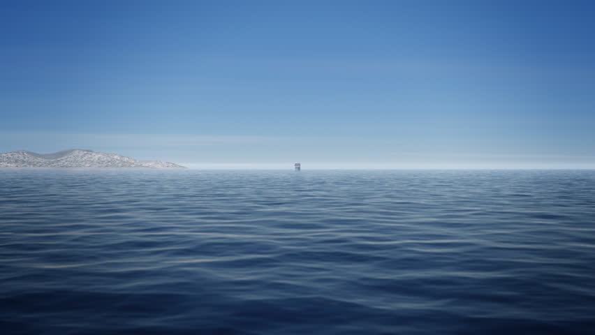 A 1080p HD video of camera flying heas on towards the front of a luxury cruiseship, then pans left and back above to a beautiful view of the ocean and islands