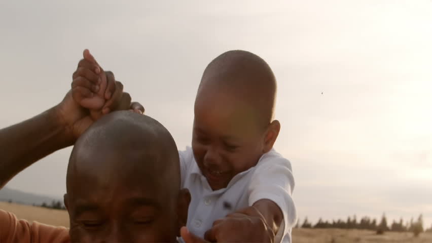 A father and son play in a wheat field on a sunny day.