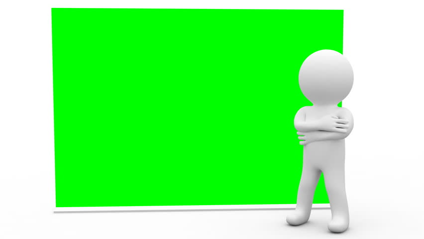 funny man stays near blank whiteboard and gestures success. green screen 