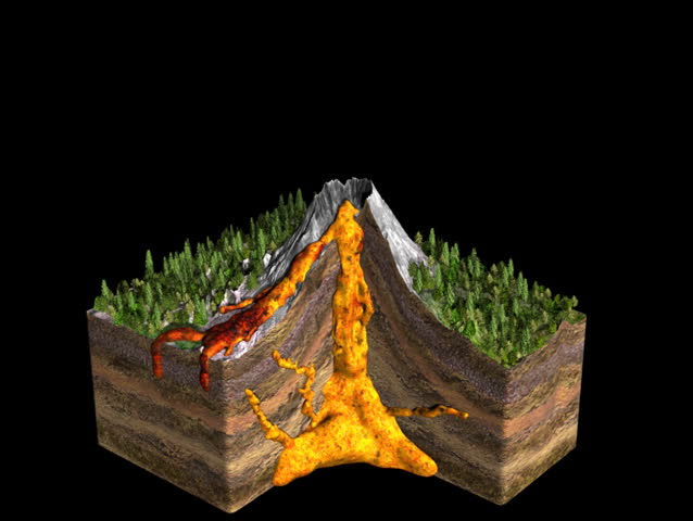 Illustration of a volcano spitting fire.  Showing a cross section of the earth with magma chambers. 