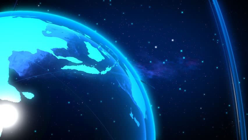 Computer-rendered animation for astronomical TV channel or world news with turning globe and luminous rays. 