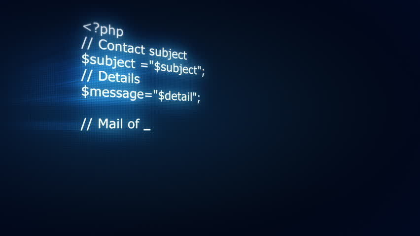 Typeing php code on computer screen with glowing characters
