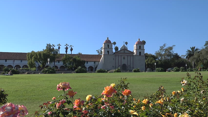 Santa Barbara Mission California Roses in Foreground