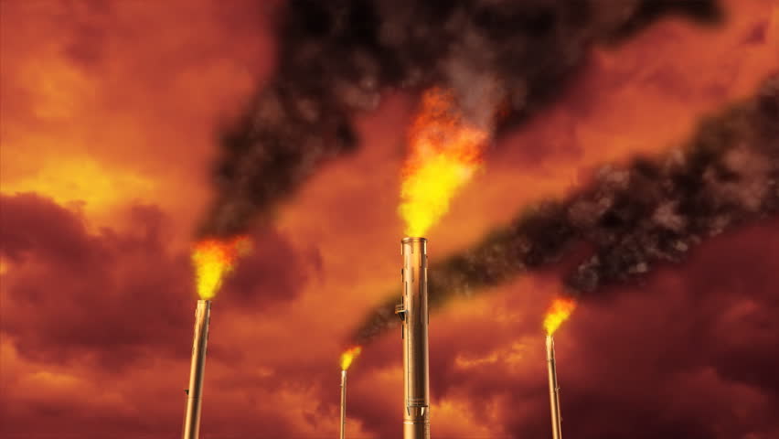 Polluting refinery smokestacks transform into ecological wind turbines. Look of sky and clouds follows the transformation