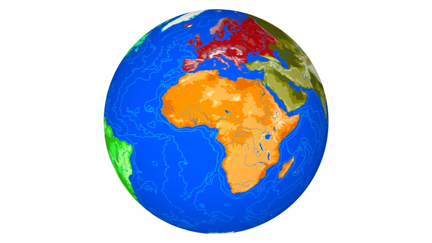 Rotating high resolution earth globe with a relief map on a white background. Seamlessly loops.