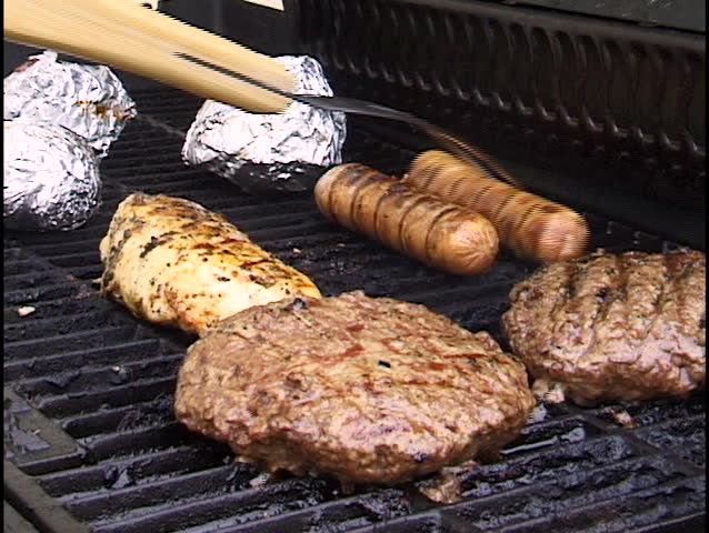 burgers brats and chicken on grill