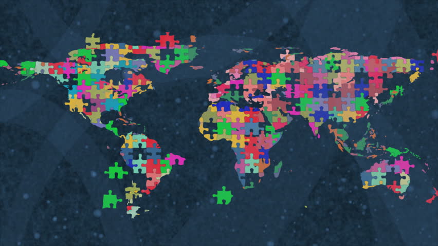 multicolored puzzle pieces combining into world map, video animation