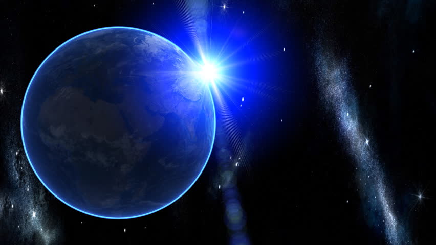 3d Earth Animation 30. Zooming through space over Europe.  With shiny lighting effects, flare, stars, clouds and atmosphere. High quality textures