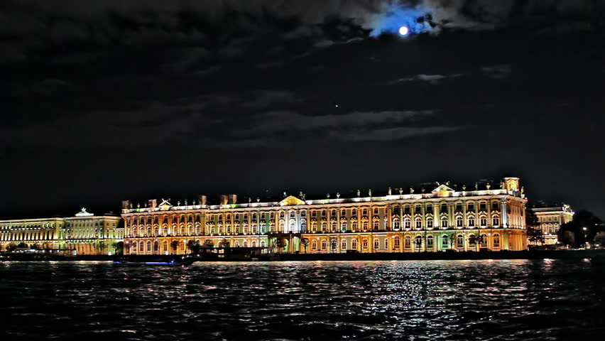 Night, Hermitage Museum, embankment, Moon. st Petersburg, Russia.