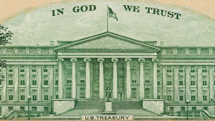 Pan over a  portion of the reverse side of a US $10 note containing an image of the US Treasury building.