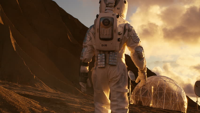 Two Astronauts In Space Suits Confidently Walking On Mars, Exploration ...