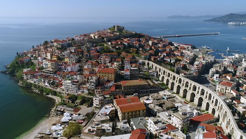 View to the old town with the Byzantine fortress in Kavala, Greece ...