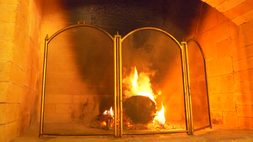 Close Up 4k Fire And Smoke In The Fireplace Through A Protective