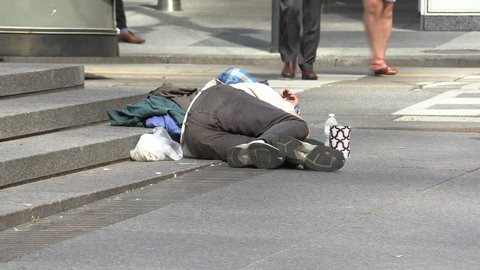 Toronto, Ontario, Canada April 2019 Homeless Person the Streets Of Wealthy Financial District