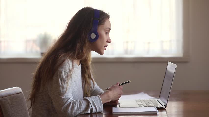 Serious Girl Student Wear Headphone Stock Footage Video (100 ...