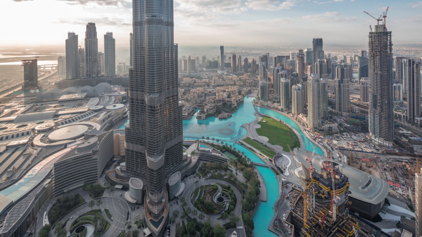 Dubai cityscape at night with Burj Khalifa in center in the United Arab