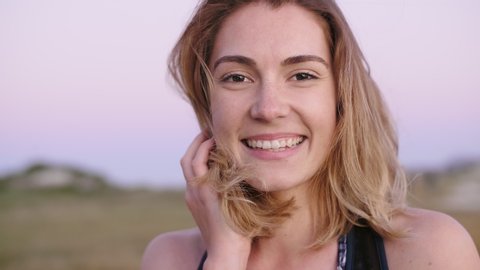 Portrait Of Girl Next Door Smiling At Camera Natural Beauty No Make Up Windswept Hair