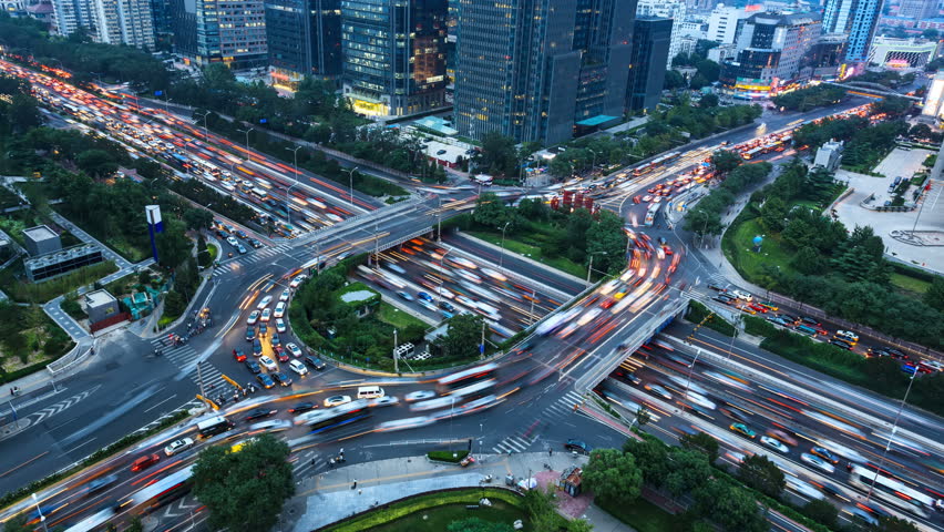 4K Video(zoom In): Aerial View Of Freeway Busy City Rush Hour Heavy ...