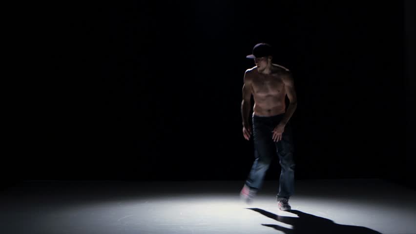 Breakdance Dancer Man In Cap With Naked Torso Dance Black Shadow Stock Footage Video