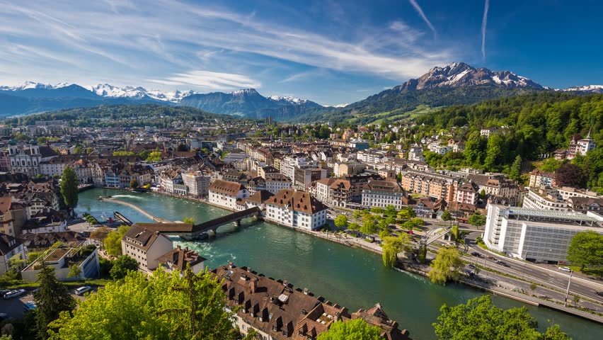 View To Spreuer Bridge, Pilatus Mountain, Swiss Alps And Old City ...