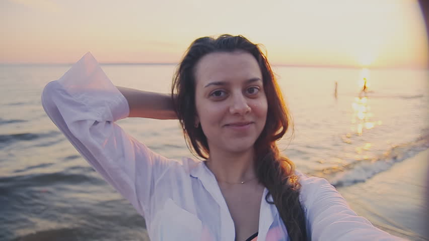 Girl Take Selfie On Sea Sunset Background Hd Stock Footage Clip Girl Take Selfie On Sea Sunset Background Hd Stock Footage Clip