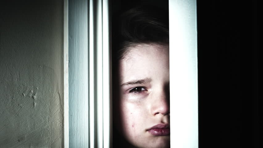 4k Thriller Child Eye Looking Through Door Gap And Crying