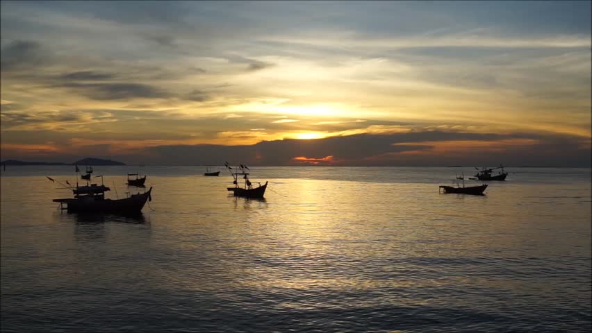 Sunrise In The Morning Sea Orange Beautiful. Fishing Boats At The Beach ...