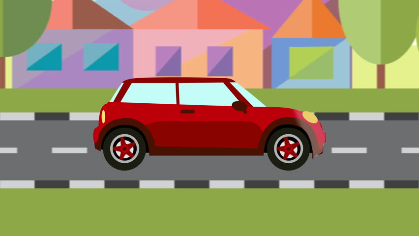 Colorful Animation Riding Car. Red Car Goes On The Street Or Highway