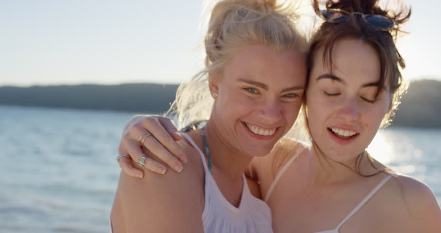 Best Friends Hugging Two Cute Girl Teenagers Giving Kiss On Cheek Woman On Tropical Beach Summer