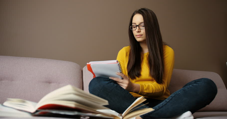 Beautiful Young Student Girl Studying At Home On The Couch, Reading ...