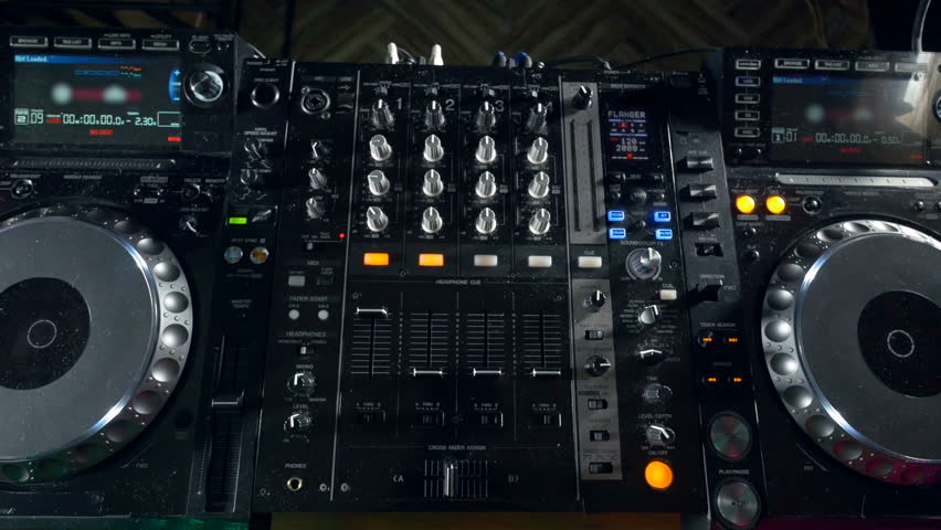 On Screen Dj Turntable The Console Turntables Running Dj Mixing At A Party Shot From Above 4k Stock