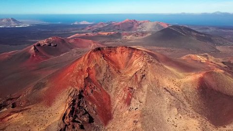Aerial view of Volcanic valley near Timanfaya National Park, Lanzarote, Canary islands, Spain