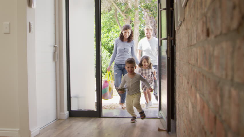 Excited Children Arriving Home with Stock Footage Video (100% Royalty