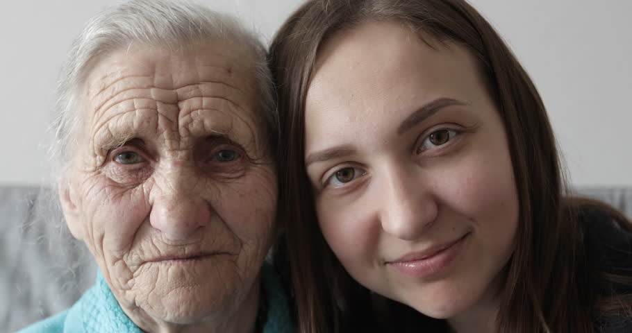 Old Woman With Long Gray Hair Sad Grandmother With Deep Wrinkles