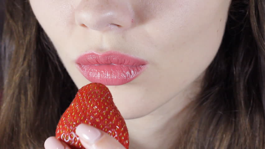 Sexy Woman Eating Strawberry In Slowmotion Sensual Red Lips Red Manicure And Lipstick Hd