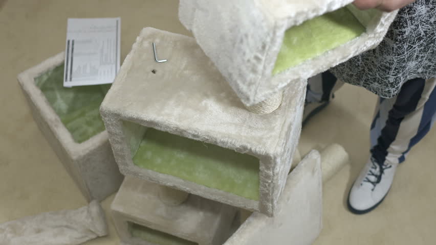 Cat Tree House Condo Assembly Man Assembling Floor To Ceiling Cat