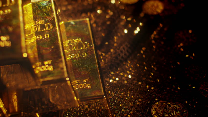 Gold bars, coins and riches. A scene of cluttered treasure and diamonds. Unimaginable wealth.