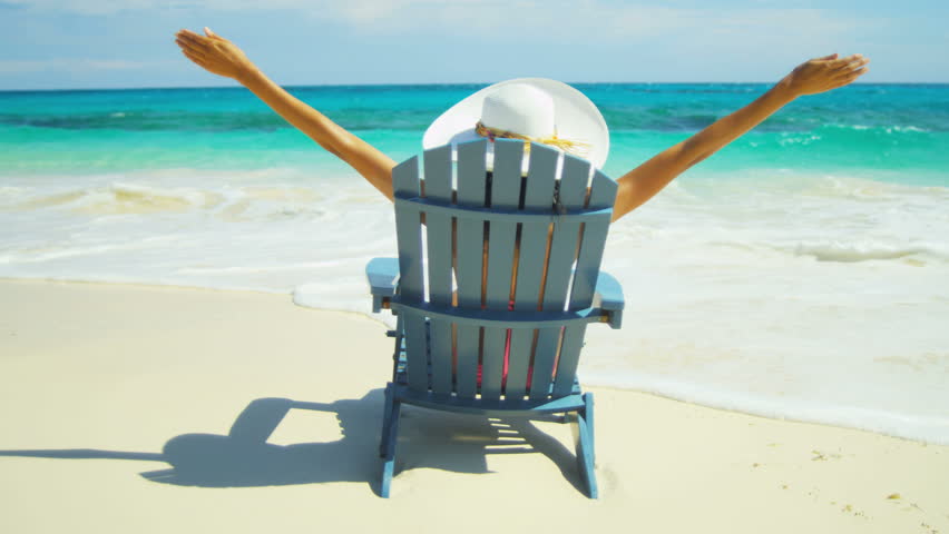 Female Wearing Swimsuit White Straw Hat Relaxing Beach Chair Loving Her ...