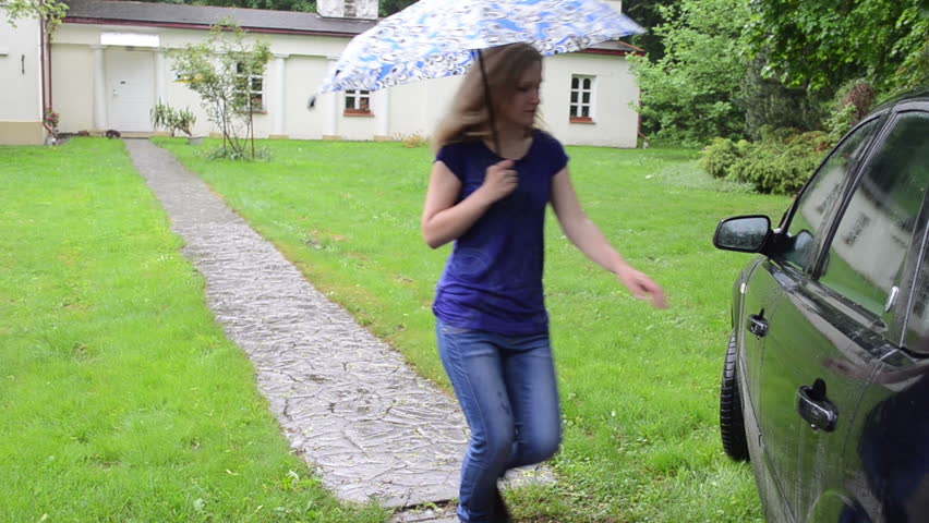 Hasten Blond Female Driver Woman Run Toward Car Automobile Through ...