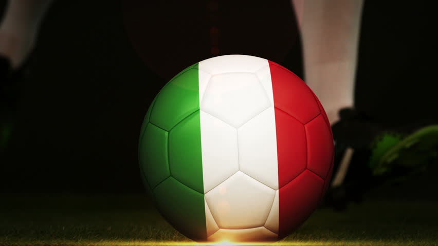 Football Player Kicking Italy Flag Ball On Black Background In Slow ...